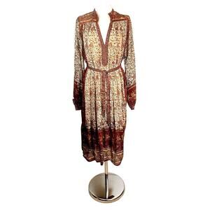 Ritu Kumar for Judith Ann Vintage Dress sz L 70s Block Print Silk Long Sleeve